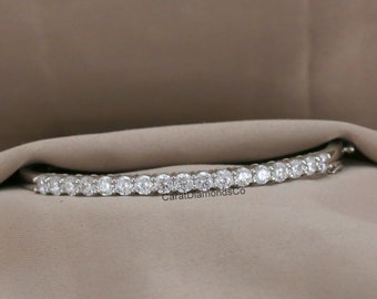 Diamond Bangle Bracelet, Solid 14K White Gold Bangle, Round Cut Colorless Diamond Bangle For Women, Antique Moissanite Bracelet Gift For Her