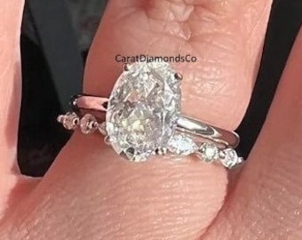 Bonito anillo de boda de moissanita de corte ovalado de 11X8 MM, marquesa adjunta y banda minimalista de media eternidad de corte redondo, conjunto de anillos de plata de ley 925