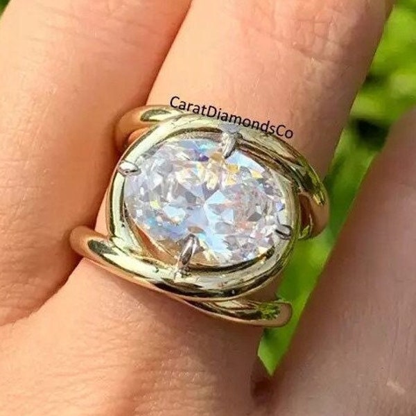 Alliance diamant moissanite taille ovale 11 x 9 mm, bague anneaux entrelacés moissanite est-ouest, magnifique bague en or jaune 14 carats pour femme