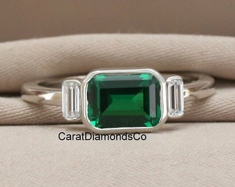East To West Ring, Bezel Set 8X6MM Emerald Cut Green Emerald Gemstone & Baguette Cut Half Bezel Set Ring, Three Stone Ring In 14K White Gold