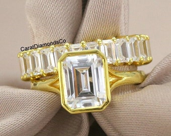 Bezel Set 2.50 CT Emerald Cut Moissanite Solitaire Ring, Split Shank Ring, Matching Baguette Full Eternity Band, 14K Gold Wedding Ring Set