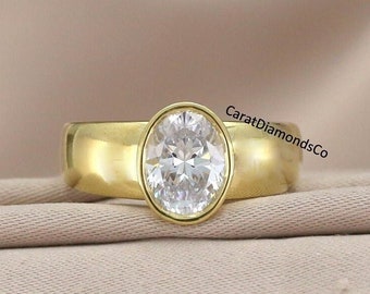 9X7 MM Oval Cut Moissanite Diamond Wedding Ring, 18K Yellow Gold Ring, Bezel Setting Ring, Oval Solitaire Ring, Wide Band Ring, Gift For Him