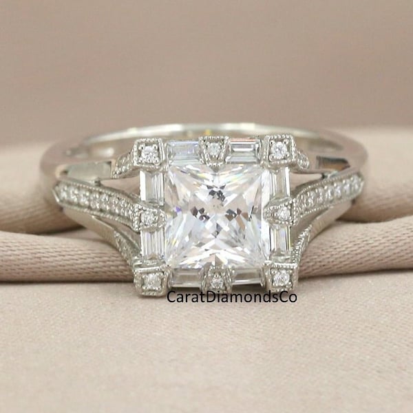 Luxurious 2 CT Princess Cut Moissanite Ring, Antique Halo Set Ring, Hidden Diamond Wedding Ring, Split Shank Ring, 925 Sterling Silver Ring