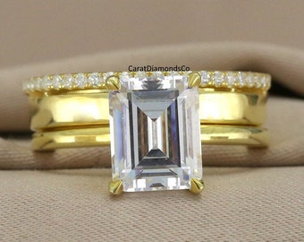 Bridal Ring Set In 18K Yellow Gold, 4.00 CT Emerald Cut Colorless Moissanite Solitaire Ring, Matching Pave Set Wide Band, Wedding Ring Set