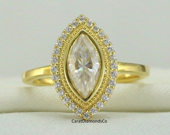 Prachtige bezel en halo set diamanten ring, 1,00 CT Marquise Cut traditionele slijtagering, Moissanite trouwring, massieve 14K geelgouden ring