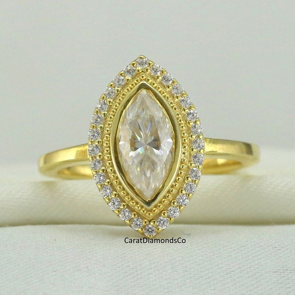 Stunning Bezel And Halo Set Diamond Ring, 1.00 CT Marquise Cut Traditional Wear Ring, Moissanite Wedding Ring, Solid 14K Yellow Gold Ring