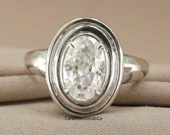 Anillo único con conjunto de bisel y punta, anillo de compromiso moissanita de talla ovalada de 11X7 MM, anillo de plata Argentium 935, anillo de diamantes solitario con vástago estiloso