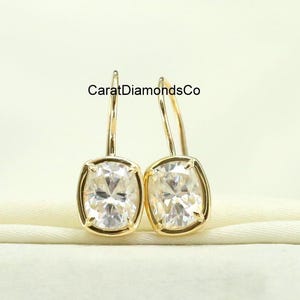 Elongated Cushion Cut Moissanite Earrings, Chunky Bezel With Pointed Prong Set Solitaire Diamond Earrings, Dangle Drop Earrings In 10K Gold