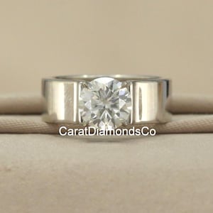 Round Solitaire Ring, 14K White Gold Ring, 8 MM Round Brilliant Cut Moissanite Engagement Ring, Prong Set Diamond Ring, Thick Band Ring