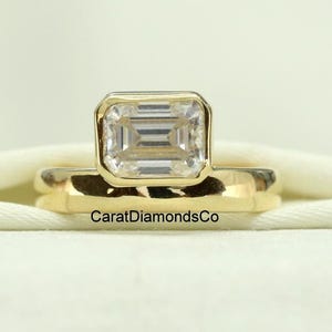 Chunky Bezel Set Offside Diamond Solitaire Ring, Horizontal 1.75 CT Emerald Cut Moissanite Engagement Ring, 14K Yellow Gold Wide Band Ring