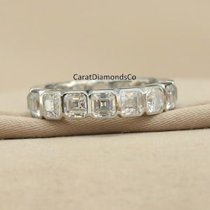 14K White Gold Band For Bride, Full Eternity Stacking Band, 3.50 MM Asscher Cut Lab Grown Diamond Wedding Band, Bezel Set Band, Gift For Her