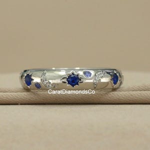 Gorgeous Moon And Star Design Wedding Band, Blue Sapphire And Aquamarine Gemstone Band, White CZ Diamond Band, Flush Set Full Eternity Band