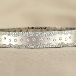 14K Gold Matte Finish Bangle, Round Cut Lab Grown Diamond Bangle, Diamonds Are Heavily Patterned On The Edges, Flush Setting Diamond Bangle