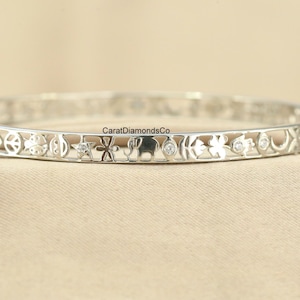 Modern Style Multi Shape Icon Full Eternity Bangle, Round Cut Colorless Moissanite Diamond Wedding Bangle, 18K White Gold Women's Bangle