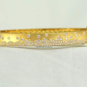 Round Cut Lab Grown Diamond Wedding Bangle, Flush Set Scattered Diamond Bangle Bracelet, Wide Band Bangle In 18K Yellow Gold Satin Finish