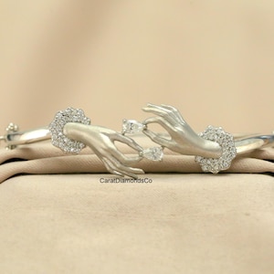 Pretty Two Hands Love Bangle Proposal Bracelet, 14K White Gold Brushed Finish Bangle, Pear & Round Cut Lab Grown Diamond Party Wear Bangle