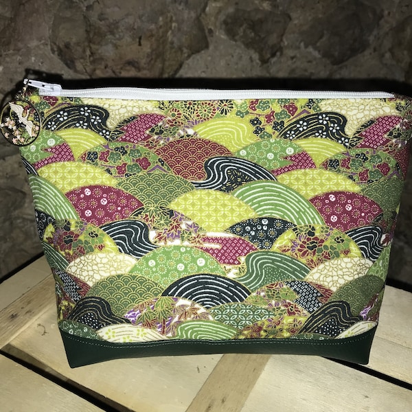 Trousse japonaise, pochette, tissu japonais, similicuir vert sapin