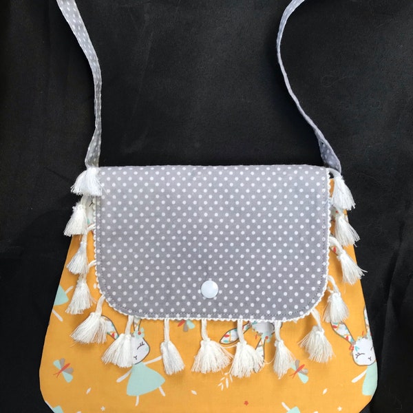 Sac à main et son porte monnaies petite fille, pochette, sac enfant, jaune moutarde, lapines, gris perle