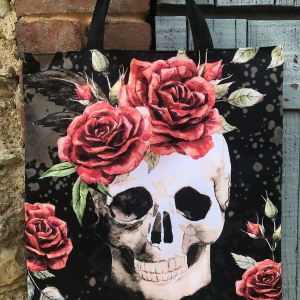 Tote bag, grand sac, Rockabilly, tête de mort, roses