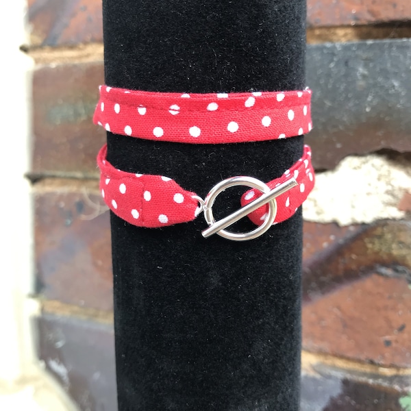 Bracelet double en tissu, rouge, pois blanc