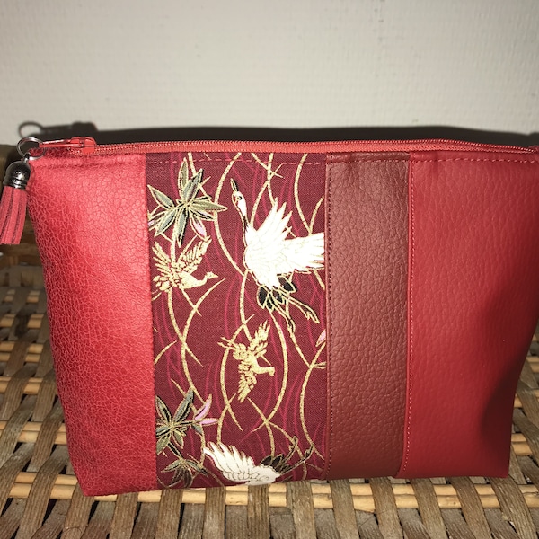 Kit, pouch, Japanese crane fabric, red and burgundy leatherette, red lacquered suede