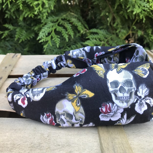 Headband, bandeau, têtes de mort, papillon, roses