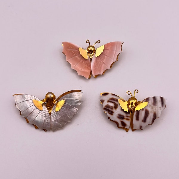 Collection of three vintage Butterfly brooches | Gold tone with decorative shell wings | Mother of Pearl | Moth pins