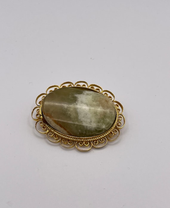 Vintage Moss Agate flat stone brooch | Gold tone s