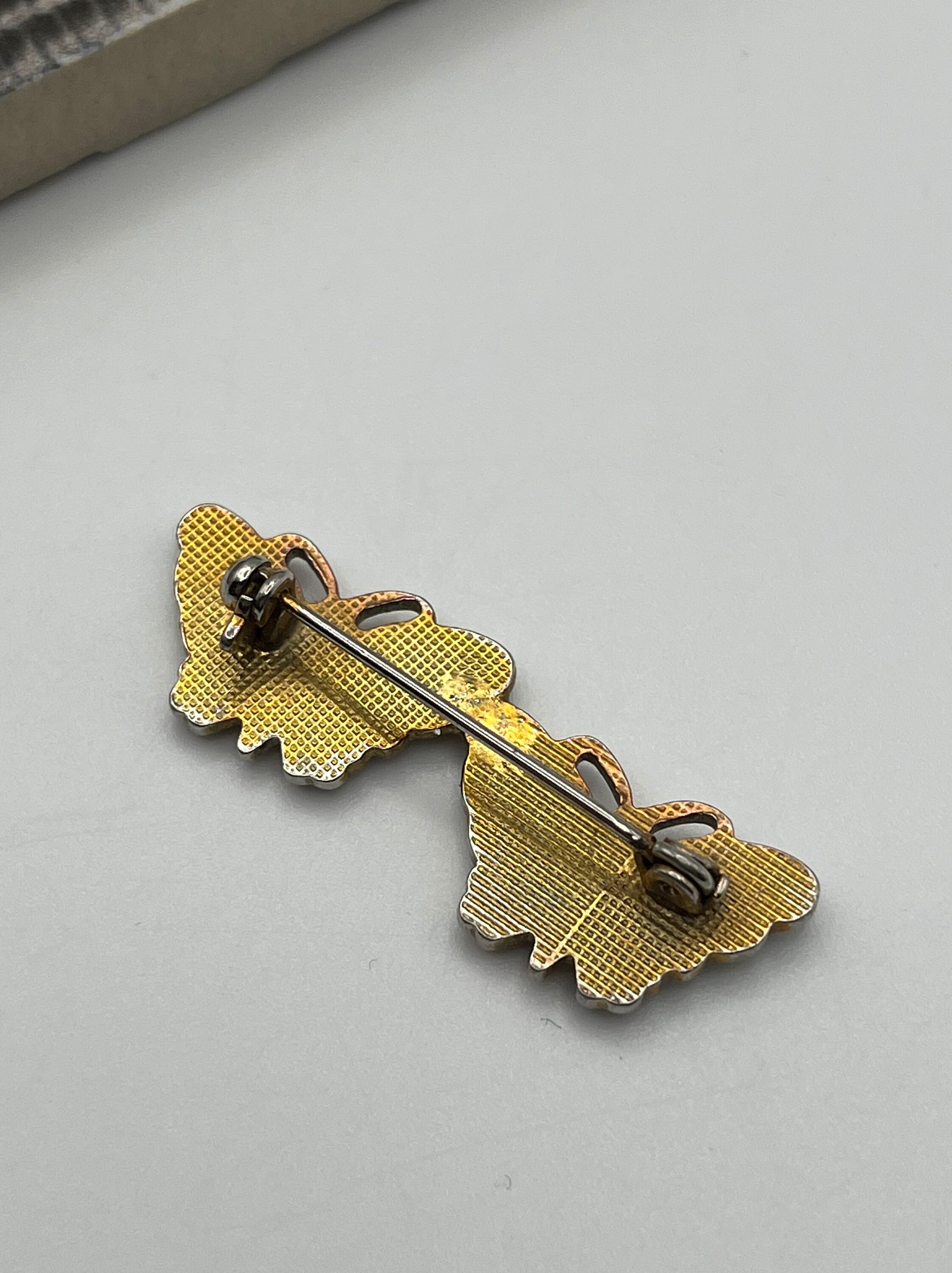 Vintage Double Butterfly Brooch | Black Enamel Wings With Clear ...
