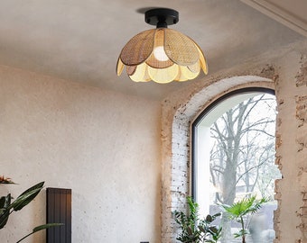 Petal Lampshade Semi Flush Mount Light,Bedroom Rattan Ceiling Lamp,Japanese Wabi-sabi Style Light Fixture,Rustic Rattan Chandelier