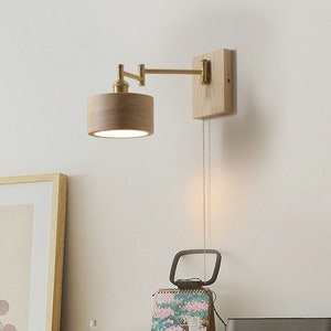 Swing Arm Wall Sconce,Wood Wall Sconces,Wall Lamp Shade Vanity,Wooden Base Bedside Wall Lights