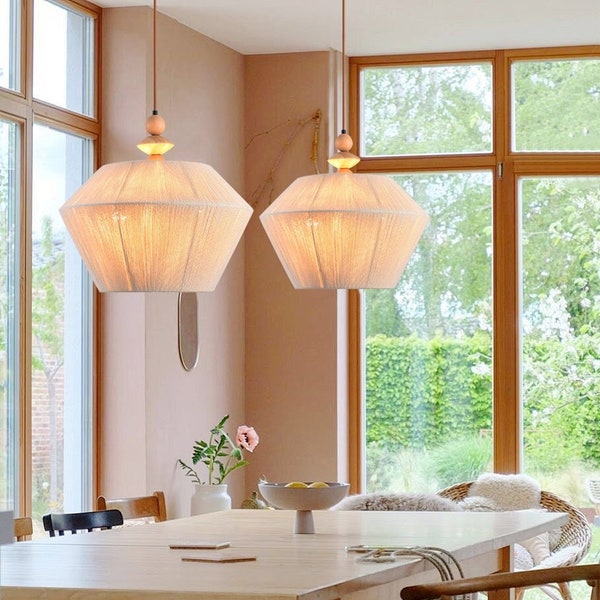 Cotton Thread Woven Pendant Lampshade,Retro Chandelier,Wood Lamp,Fabric Art Pendant Light,Rustic Style Ceiling Hanging Lamp