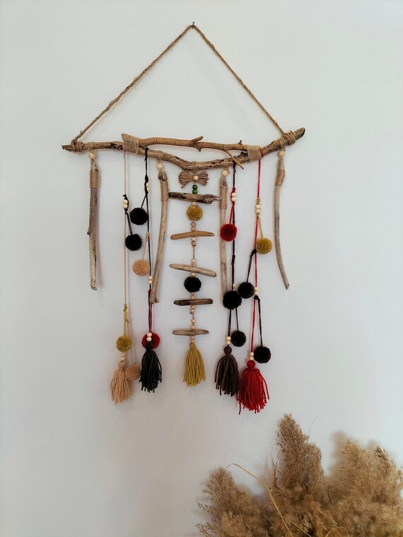 Driftwood Wall Decor Driftwood Wall Art With Pom Pom Design - Etsy