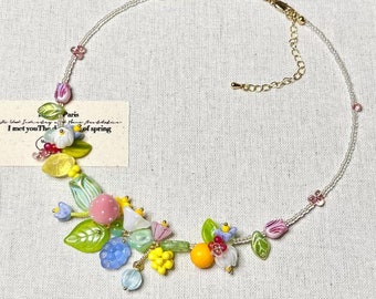 Blueberry Strawberry Choker, Beaded Fruit Flower Necklace, Czech Glass Beads Jewelry, Cottagecore Jewelry, Gift for her
