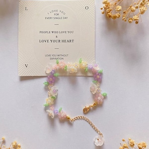 Beaded Flower Bracelets, Pink Purple Jewelry, Flower Beads Necklace, Friendship Bracelet, Gift for her