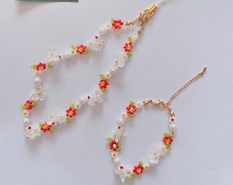 Handmade Beaded Red Flower Phone Charm Strap Bracelet