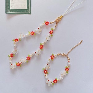 Handmade Beaded Red Flower Phone Charm Strap Bracelet