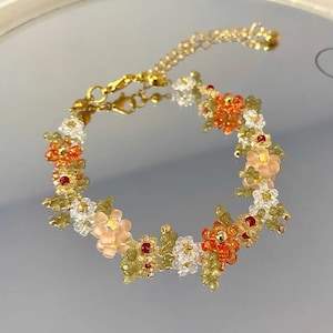 Original orange flower bracelets,Beaded flower rings,Friendship bracelets and rings,Gift for her