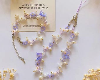 Handmade Pearl Beaded Phone Strap: Purple Butterfly Charm
