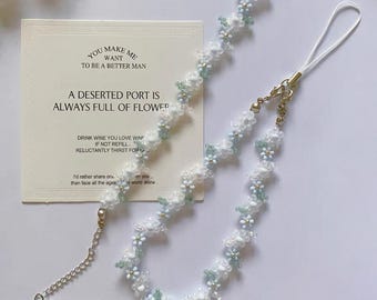 Light Blue Beaded Flower Phone Strap: Handmade Seed Bead Charm