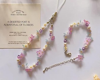 Beaded butterfly phone strap, Beaded flower bracelet, Purple jewelry, Handmade gift for her