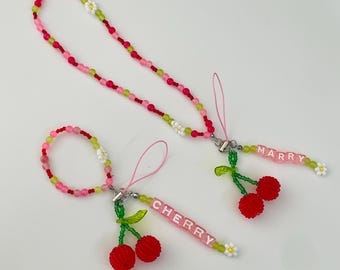 Custom Strawberry Phone Charm Strap, Personalised Name Phone Chain, Gift for Girlfriend Besti