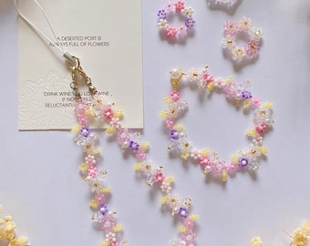 Sakura Phone Charm Strap: Beaded Flower Cell Phone Bracelet