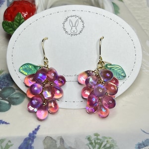 Grapes earrings,Fruit dangle earrings,Clip on earrings,Pierced earrings,Czech glass earrings,Gift for her