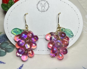 Grapes earrings,Fruit dangle earrings,Clip on earrings,Pierced earrings,Czech glass earrings,Gift for her
