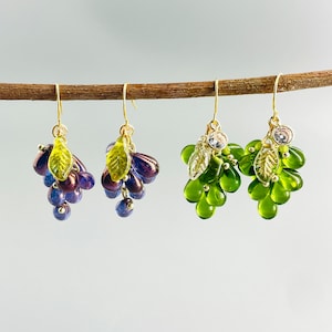 Grapes earrings,Fruit dangle earrings,Clip on earrings,Pierced earrings,Czech glass earrings,Gift for her