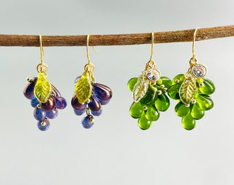 Grapes earrings,Fruit dangle earrings,Clip on earrings,Pierced earrings,Czech glass earrings,Gift for her