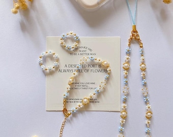 Cloudy BlueSky Phone Charm Strap Bracelet, Beaded White Blue Cell Phone Chain Bracelets, Handmade Phone Strap, Gift for Her