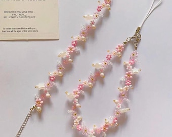 Handmade Peach Blossom Beaded Bracelet: Cute Pink Flower Beads Phone Strap, Star Charms Jewelry