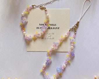 Butterfly Phone Charm Strap Bracelet, Beaded Blue  Pink Flower Cell Phone Chain Bracelets, Handmade Pearl Phone Strap, Gift for Her